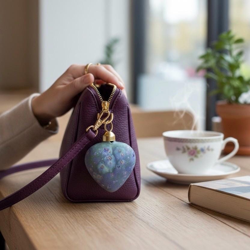 Ceramic Puffy Heart Bag Charm Hanging Ornament Keychain - Purple Glaze