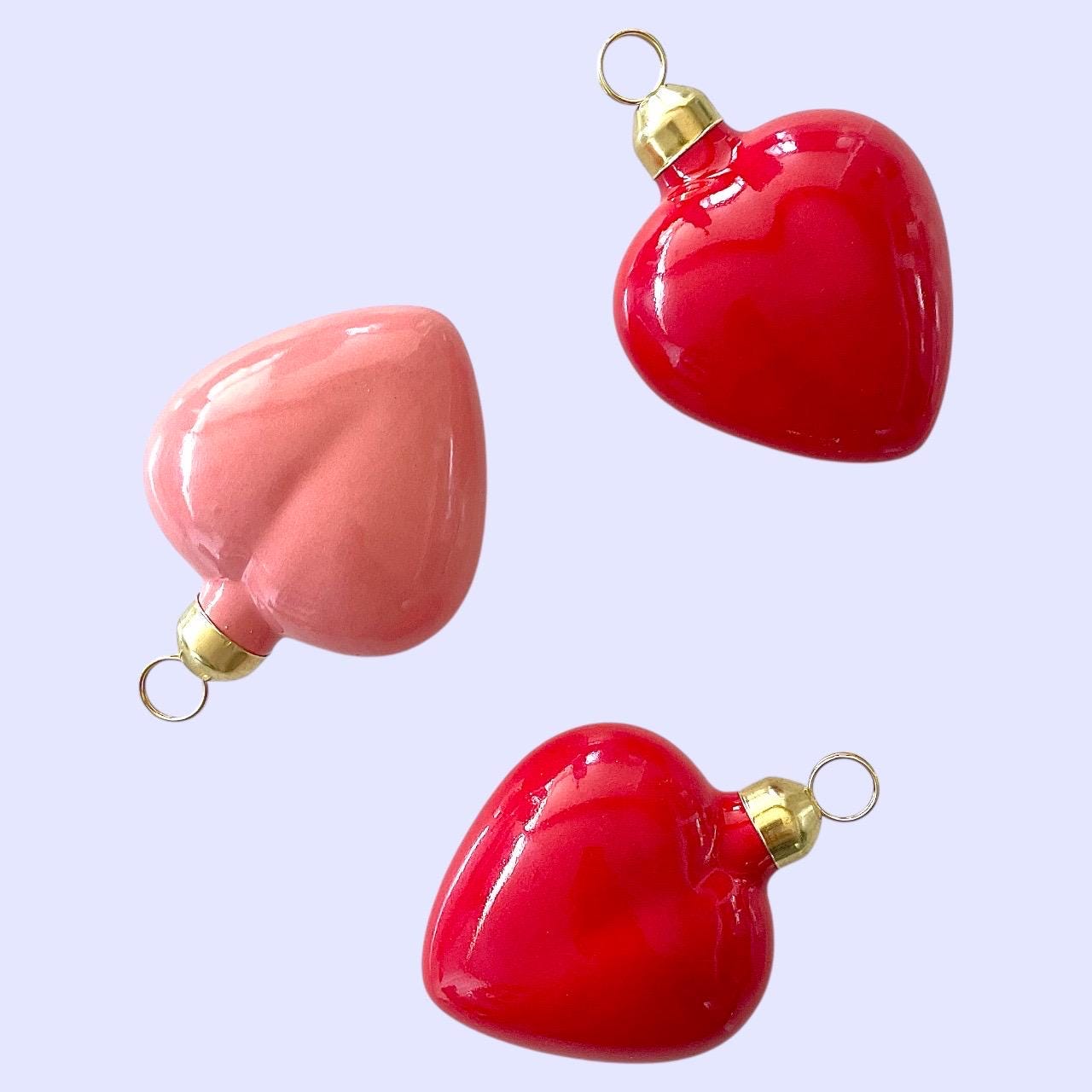Ceramic Puffy Valentine Heart Bag Charm Hanging Ornament Keychain - Bright Red Glaze