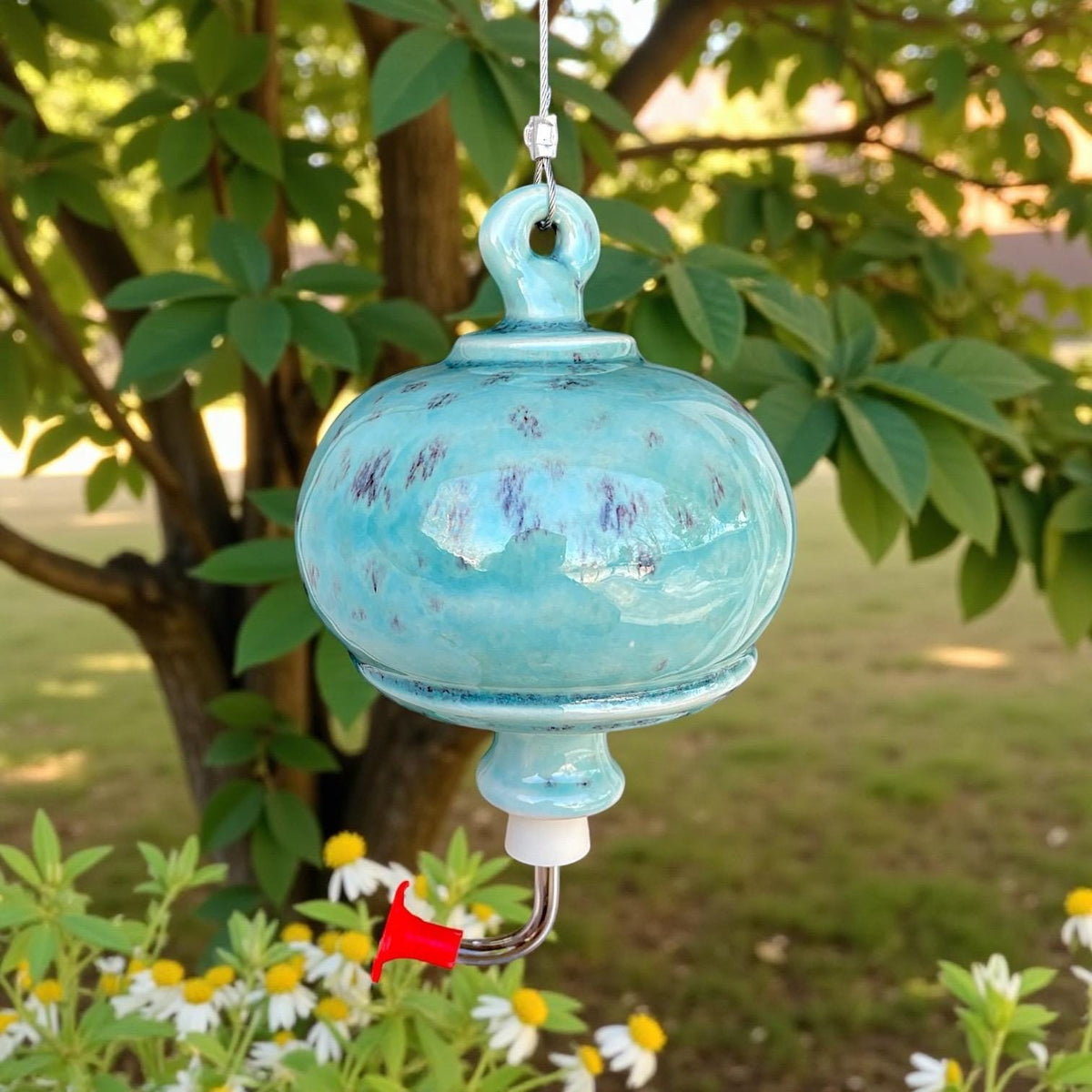 Handmade Turquoise Ceramic Hummingbird Feeder – Stoneware Garden Art
