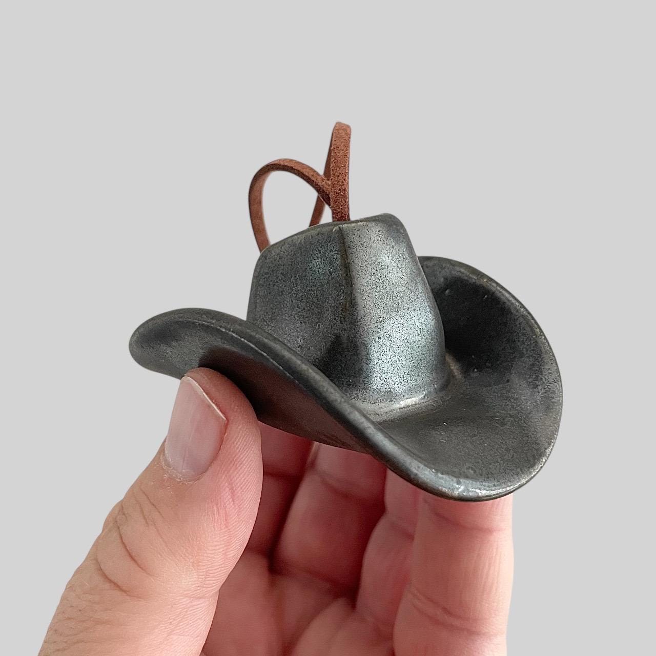 Small Ceramic Cowboy Hat Ornament with Vegan Leather Cord - Black Gold Glaze