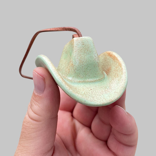 Small Ceramic Cowboy Hat Ornament with Vegan Leather Cord — Sage Green Glaze