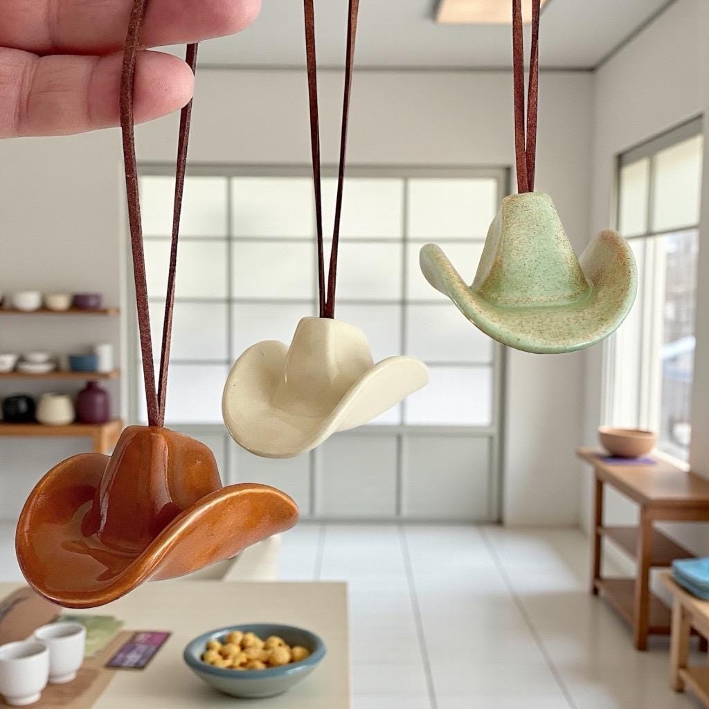 Small Ceramic Cowboy Hat Ornament with Vegan Leather Cord - Clear Parchment Glaze