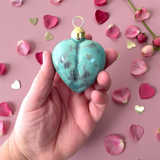 Ceramic Puffy Heart Bag Charm Hanging Ornament Keychain - Turquoise Glaze