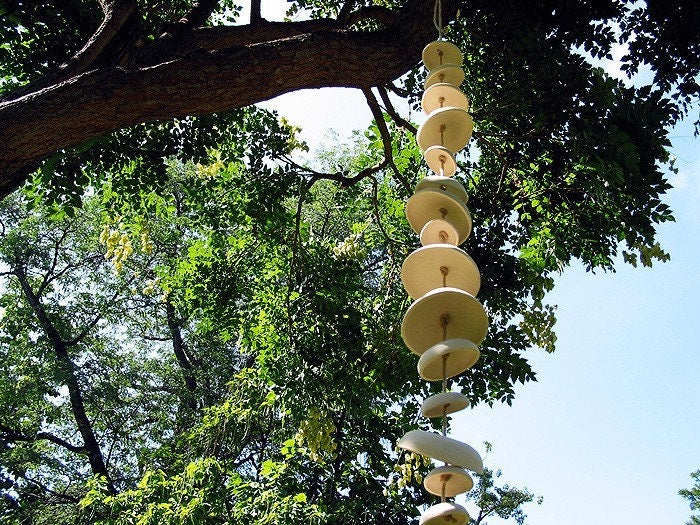 Hanging ceramic moon wind chime - unglazed natural buff stoneware - 6’ full set