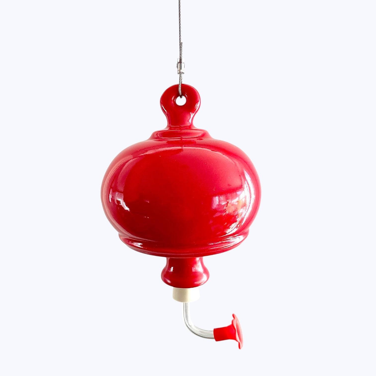 Red Glazed Ceramic Hummingbird Feeder – Stoneware Garden Art, 3 Cup