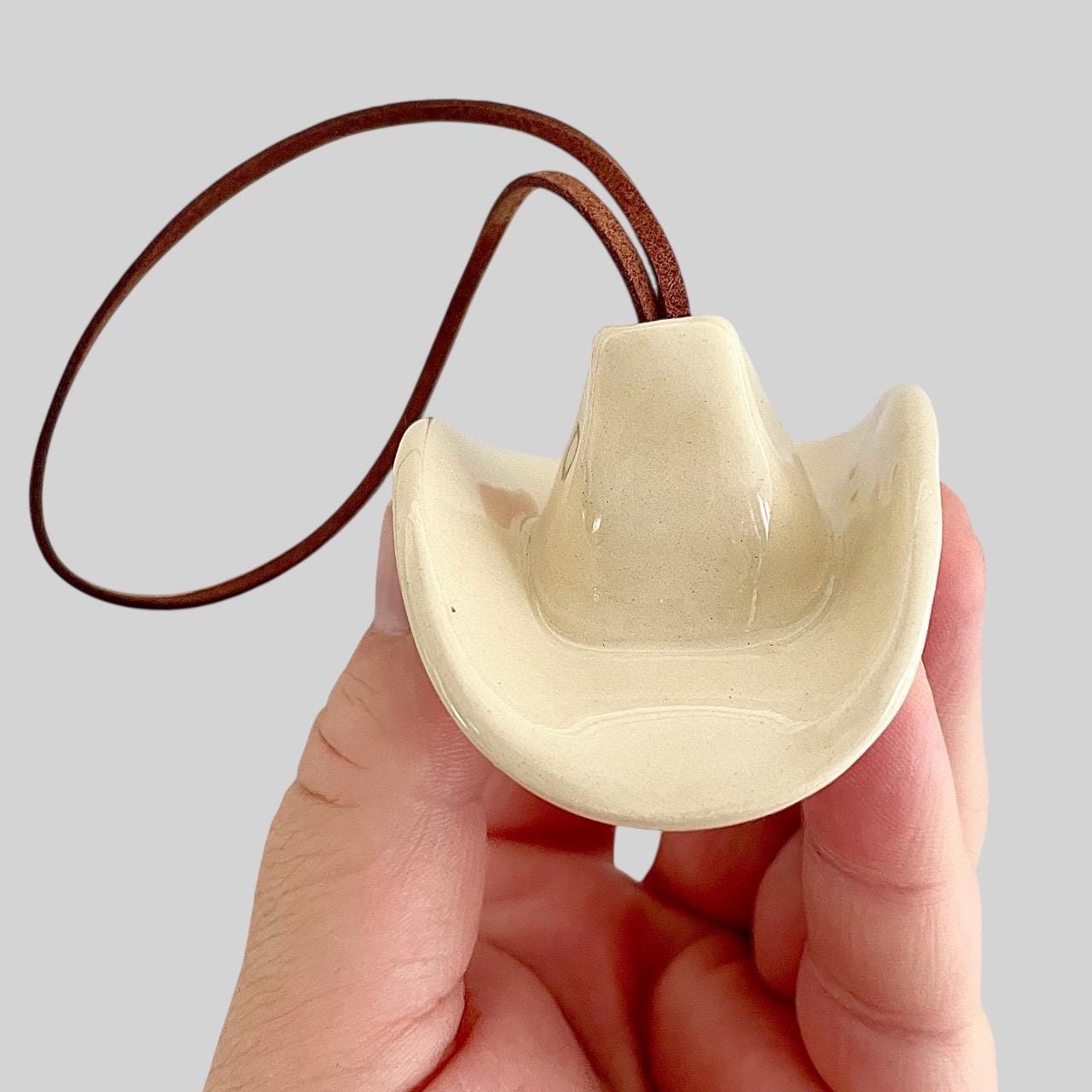 Small Ceramic Cowboy Hat Ornament with Vegan Leather Cord - Clear Parchment Glaze