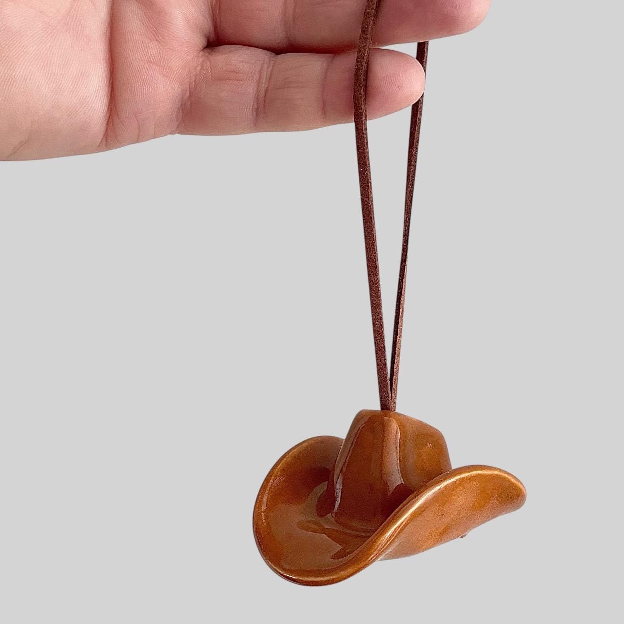 Small Ceramic Cowboy Hat Ornament with Vegan Leather Cord - Saddle Brown Glaze