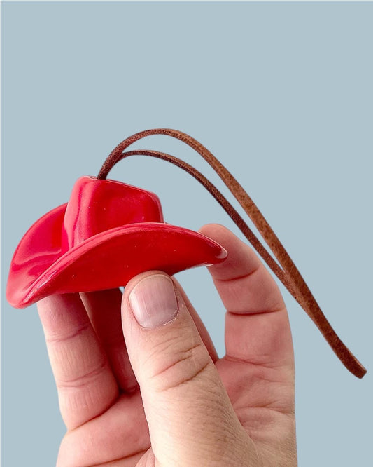 Ceramic Cowboy Hat Ornament – Red Glaze, Vegan Leather Cord