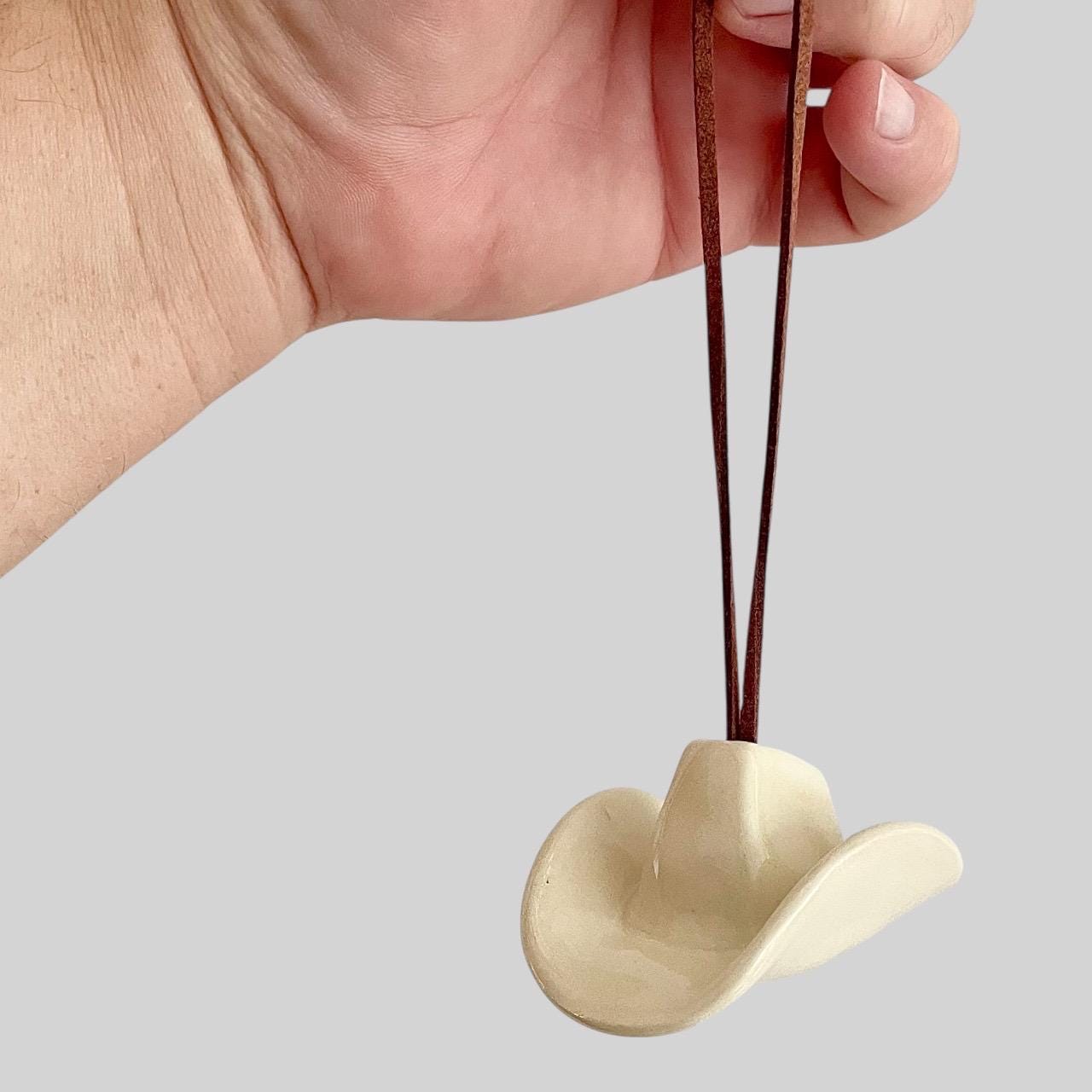 Small Ceramic Cowboy Hat Ornament with Vegan Leather Cord - Clear Parchment Glaze