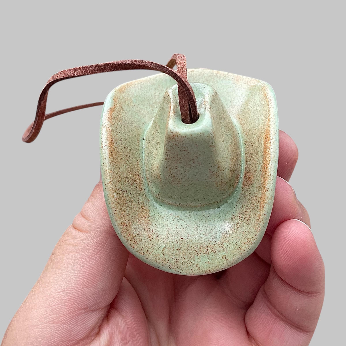 Small Ceramic Cowboy Hat Ornament with Vegan Leather Cord — Sage Green Glaze