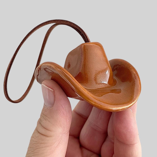 Small Ceramic Cowboy Hat Ornament with Vegan Leather Cord - Saddle Brown Glaze