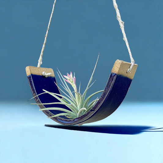 Large Handmade Cobalt Blue Ceramic Hanging Air Plant Holder - Limited Edition