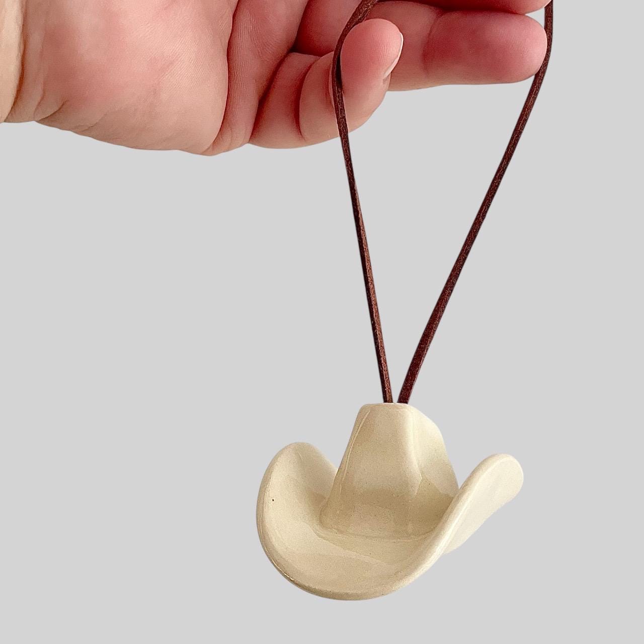 Small Ceramic Cowboy Hat Ornament with Vegan Leather Cord - Clear Parchment Glaze