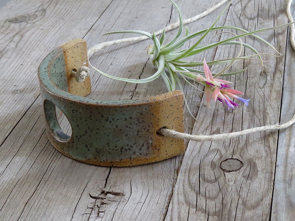 Small Handmade Ceramic Air Plant Cradle: Gunmetal Green Hanging Planter