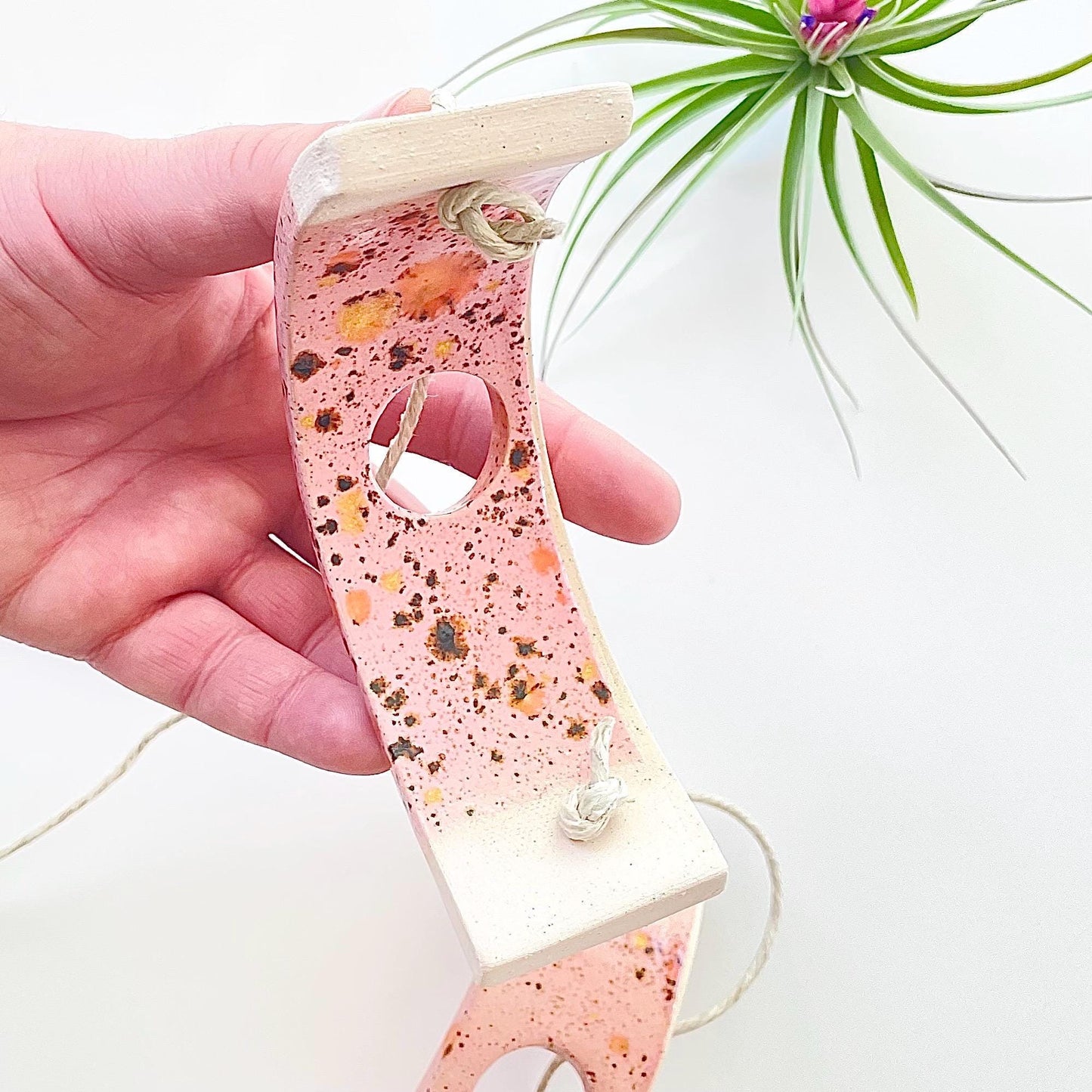 Small Pink Amaryllis Ceramic Air Plant Cradle: Hanging Planter Vase