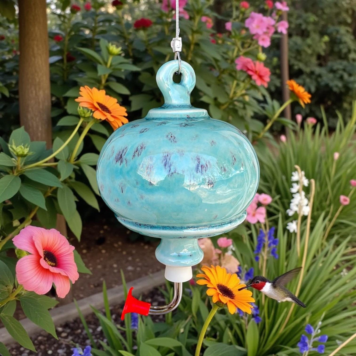 Handmade Turquoise Ceramic Hummingbird Feeder – Stoneware Garden Art