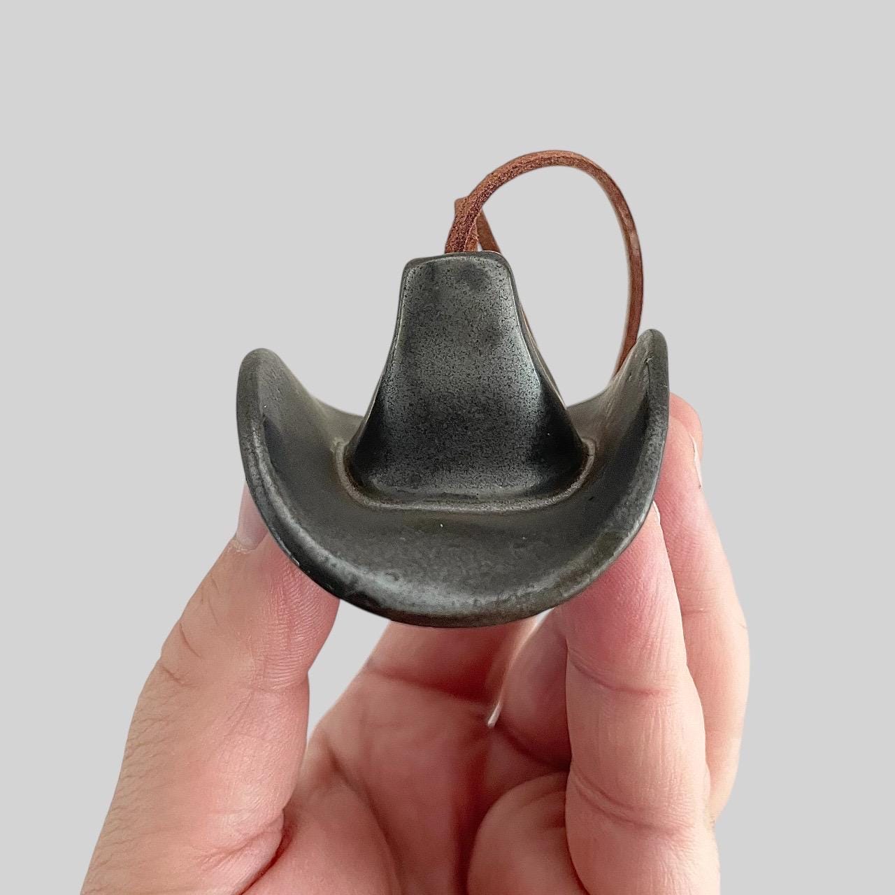 Small Ceramic Cowboy Hat Ornament with Vegan Leather Cord - Black Gold Glaze