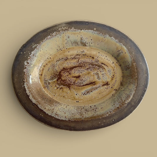 Handmade Stoneware Platter – Earth-Tone Crystalline Glaze Oval Dish