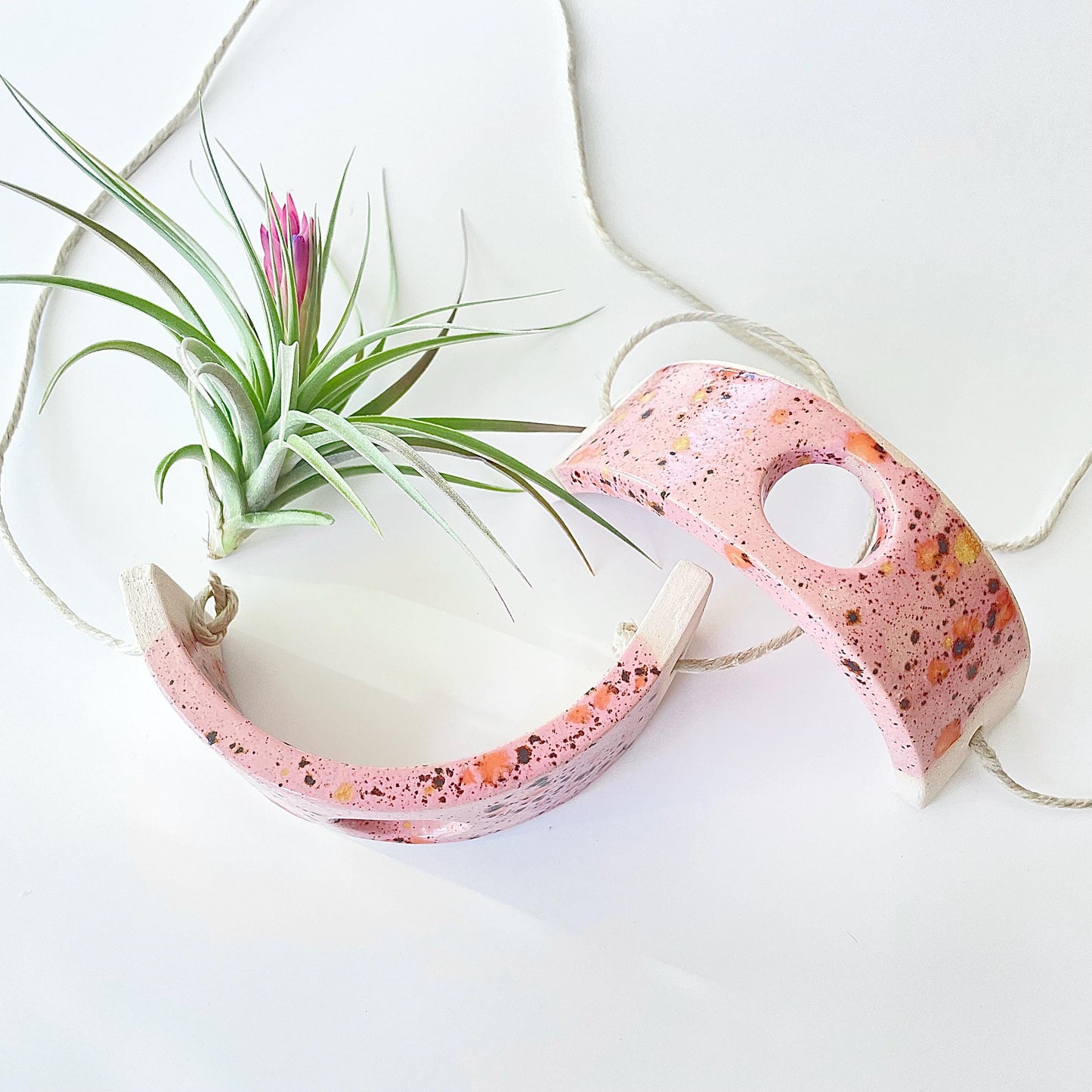 Small Pink Amaryllis Ceramic Air Plant Cradle: Hanging Planter Vase