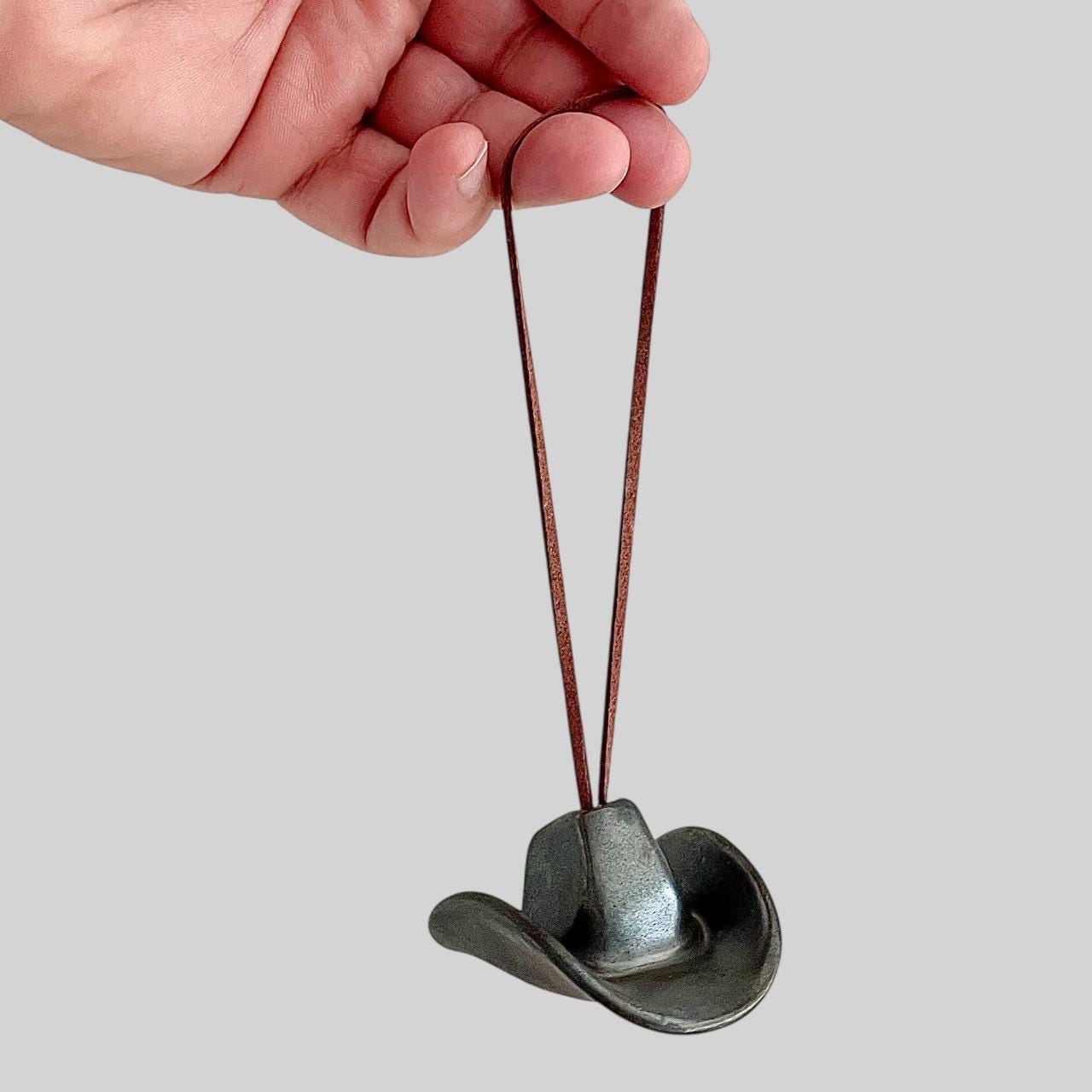 Small Ceramic Cowboy Hat Ornament with Vegan Leather Cord - Black Gold Glaze