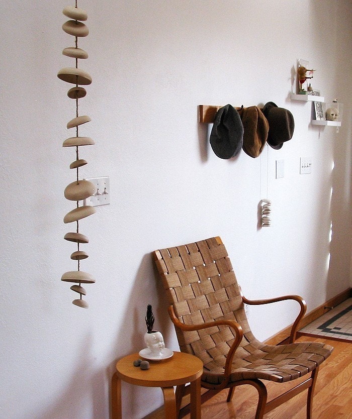 Hanging ceramic moon wind chime - unglazed natural buff stoneware - 6’ full set