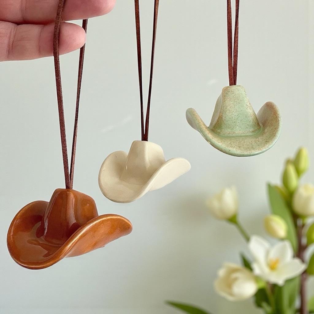 Small Ceramic Cowboy Hat Ornament with Vegan Leather Cord - Clear Parchment Glaze
