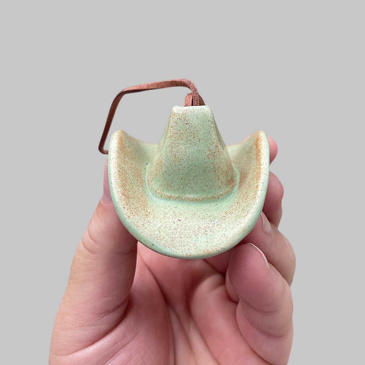Small Ceramic Cowboy Hat Ornament with Vegan Leather Cord — Sage Green Glaze