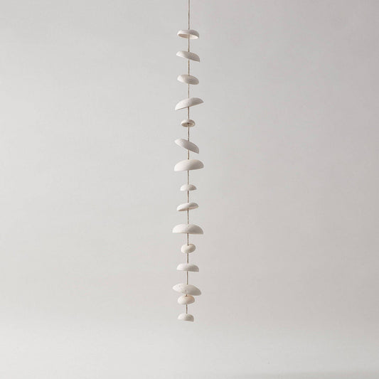 Hanging ceramic moon wind chime - unglazed natural buff stoneware - 6’ full set