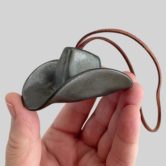 Small Ceramic Cowboy Hat Ornament with Vegan Leather Cord - Black Gold Glaze