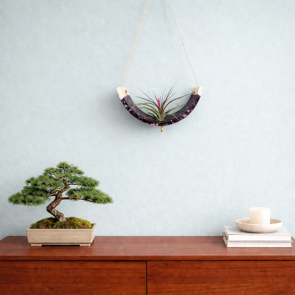 Large Purple Passion Flower Ceramic Air Plant Holder: Hanging Wall Planter, Home Decor