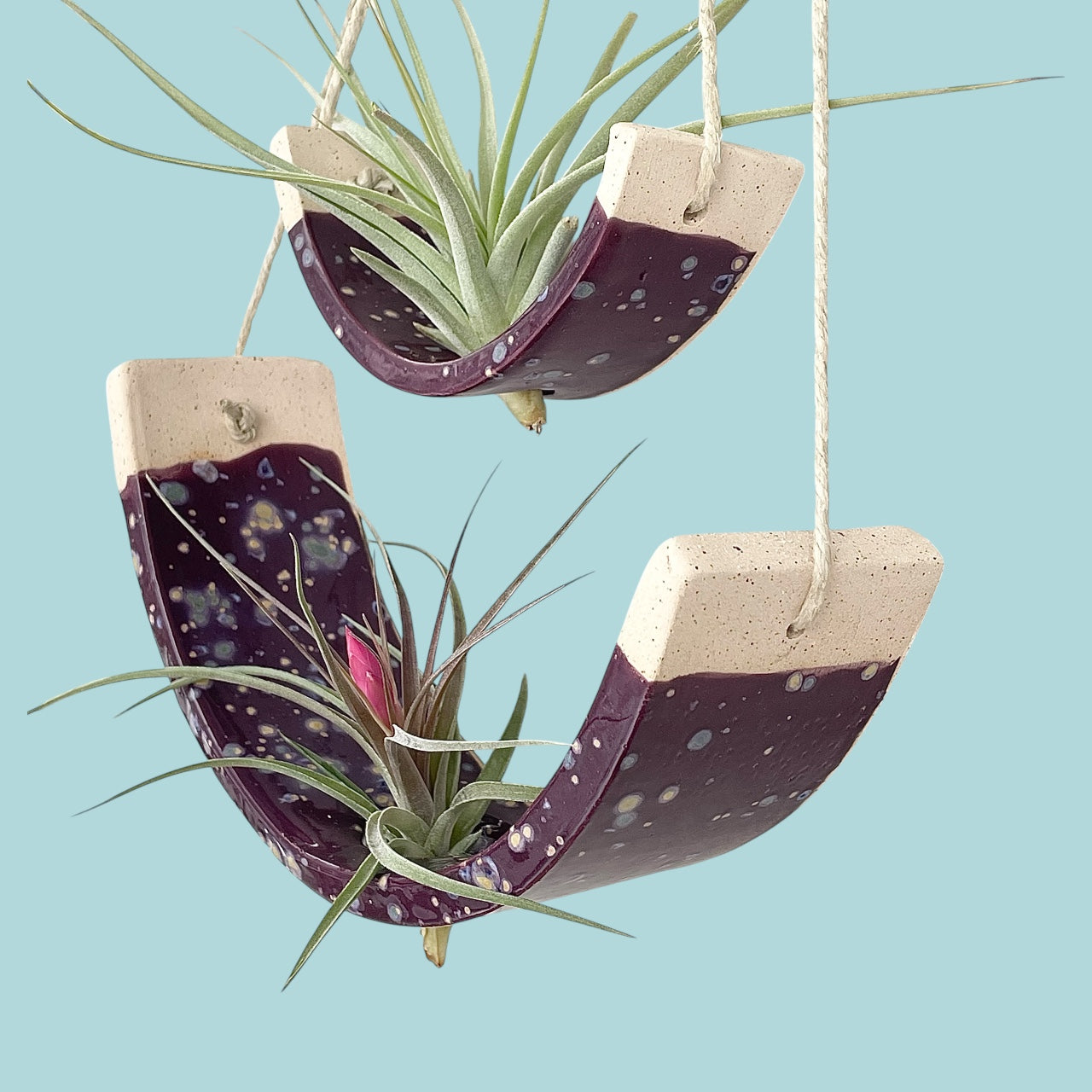 Tiered Ceramic Air Plant Holder: Purple Passion Flower Hanging Planter