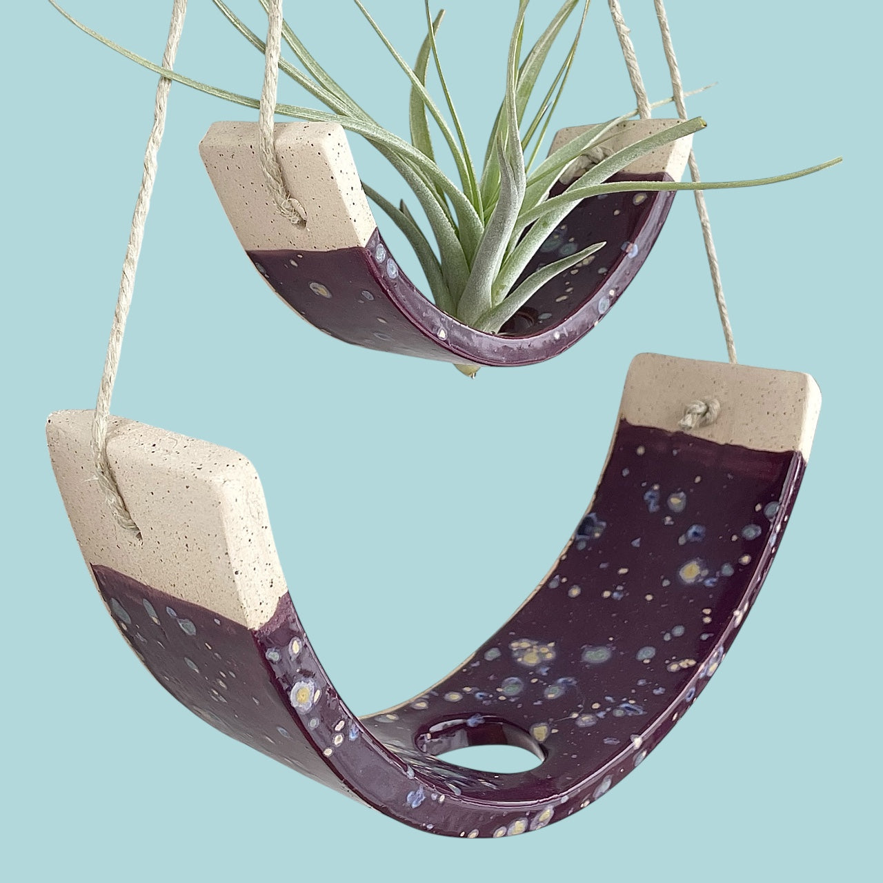 Tiered Ceramic Air Plant Holder: Purple Passion Flower Hanging Planter