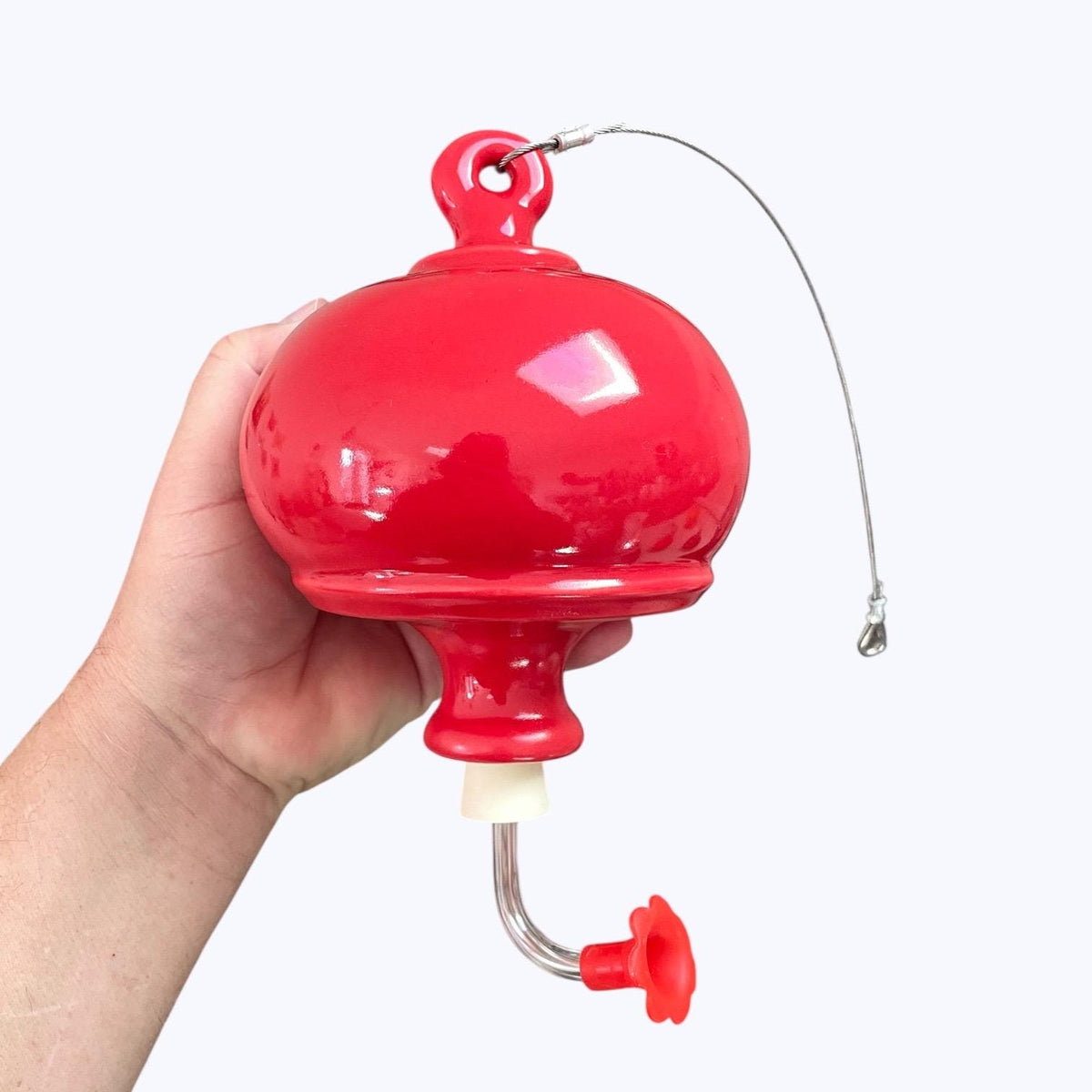 Red Glazed Ceramic Hummingbird Feeder – Stoneware Garden Art, 3 Cup