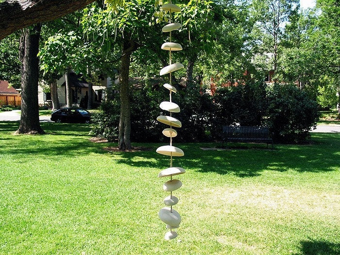 Hanging ceramic moon wind chime - unglazed natural buff stoneware - 6’ full set