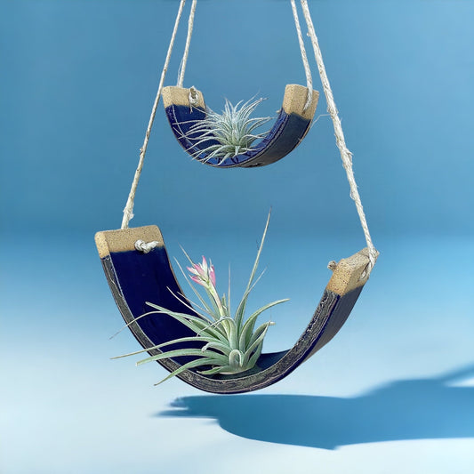 Tiered Royal Blue Ceramic Hanging Air Plant Holder - Home Decor
