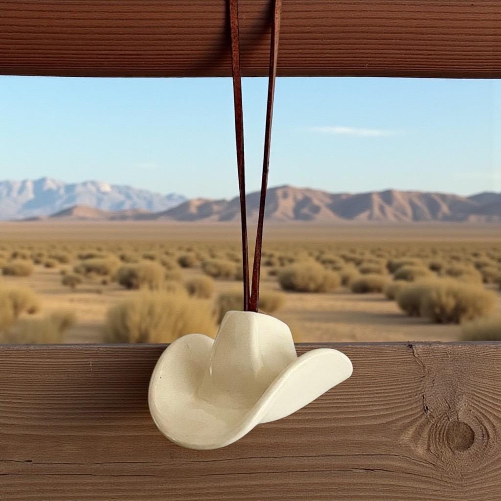 Small Ceramic Cowboy Hat Ornament with Vegan Leather Cord - Clear Parchment Glaze