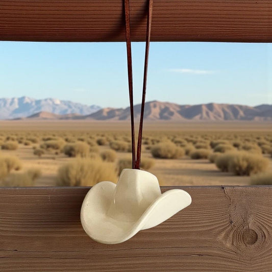 Small Ceramic Cowboy Hat Ornament with Vegan Leather Cord - Clear Parchment Glaze