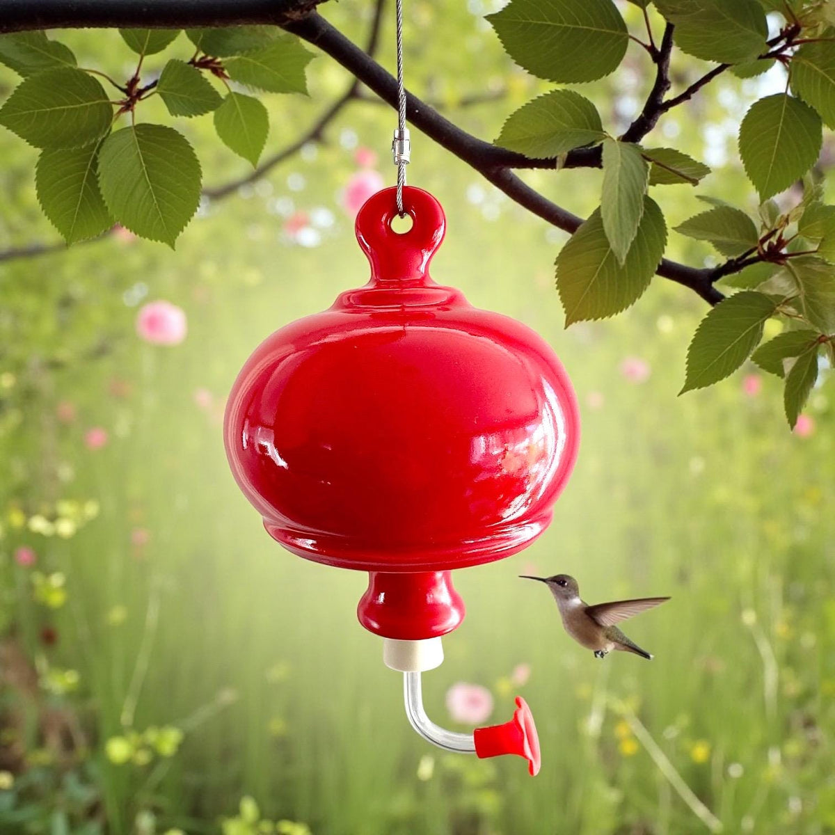 Red Glazed Ceramic Hummingbird Feeder – Stoneware Garden Art, 3 Cup