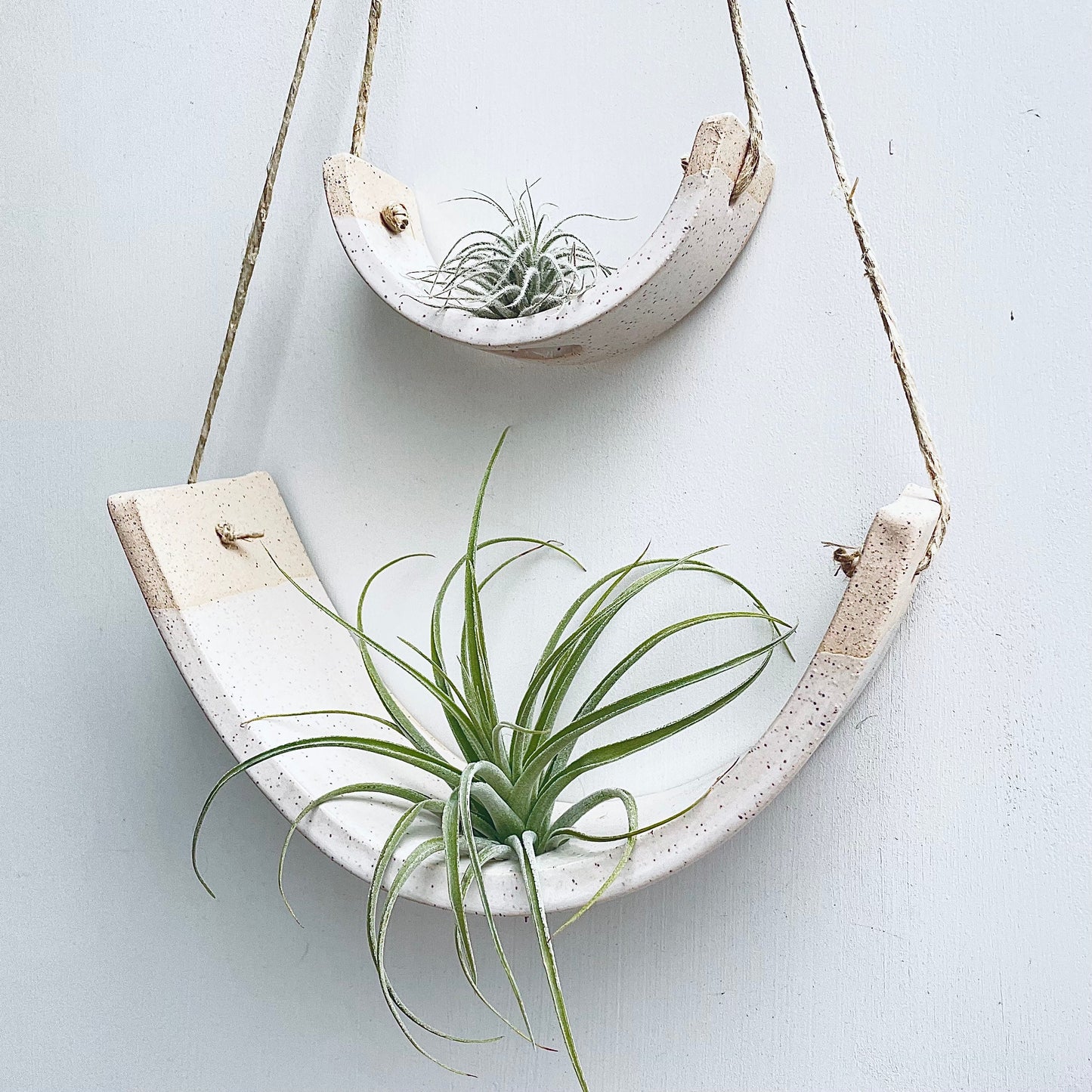 Large Handmade Ceramic Hanging Air Plant Cradle: Speckled Buff Clay, White Glaze