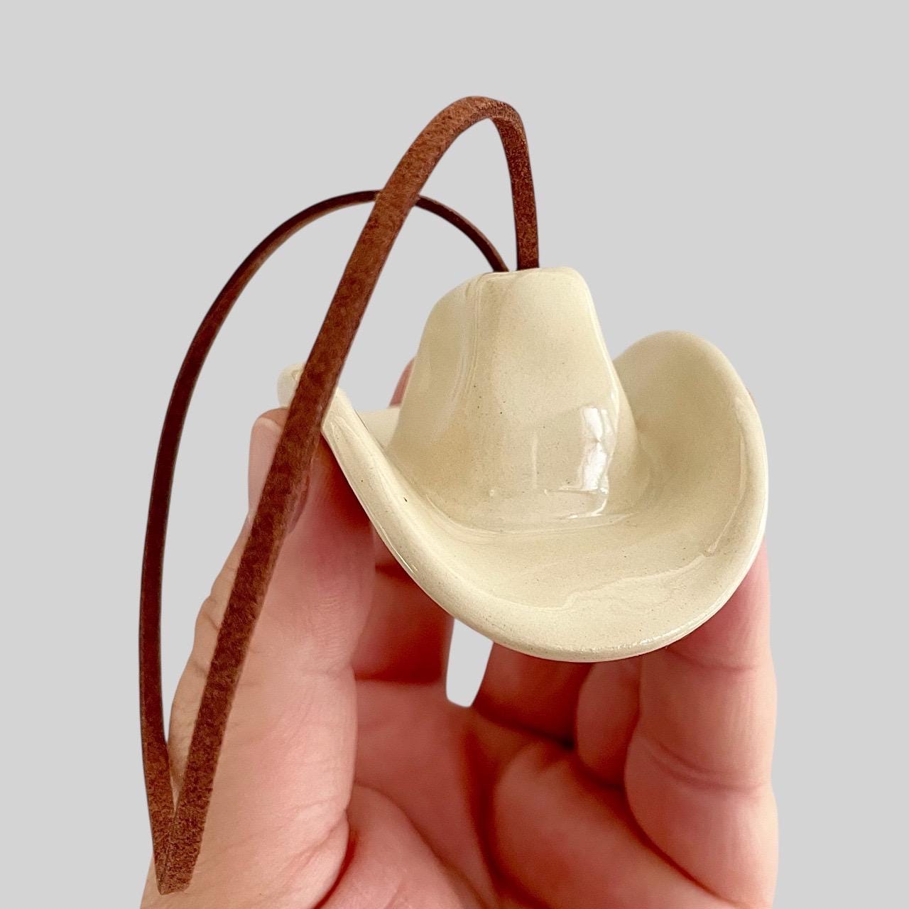 Small Ceramic Cowboy Hat Ornament with Vegan Leather Cord - Clear Parchment Glaze