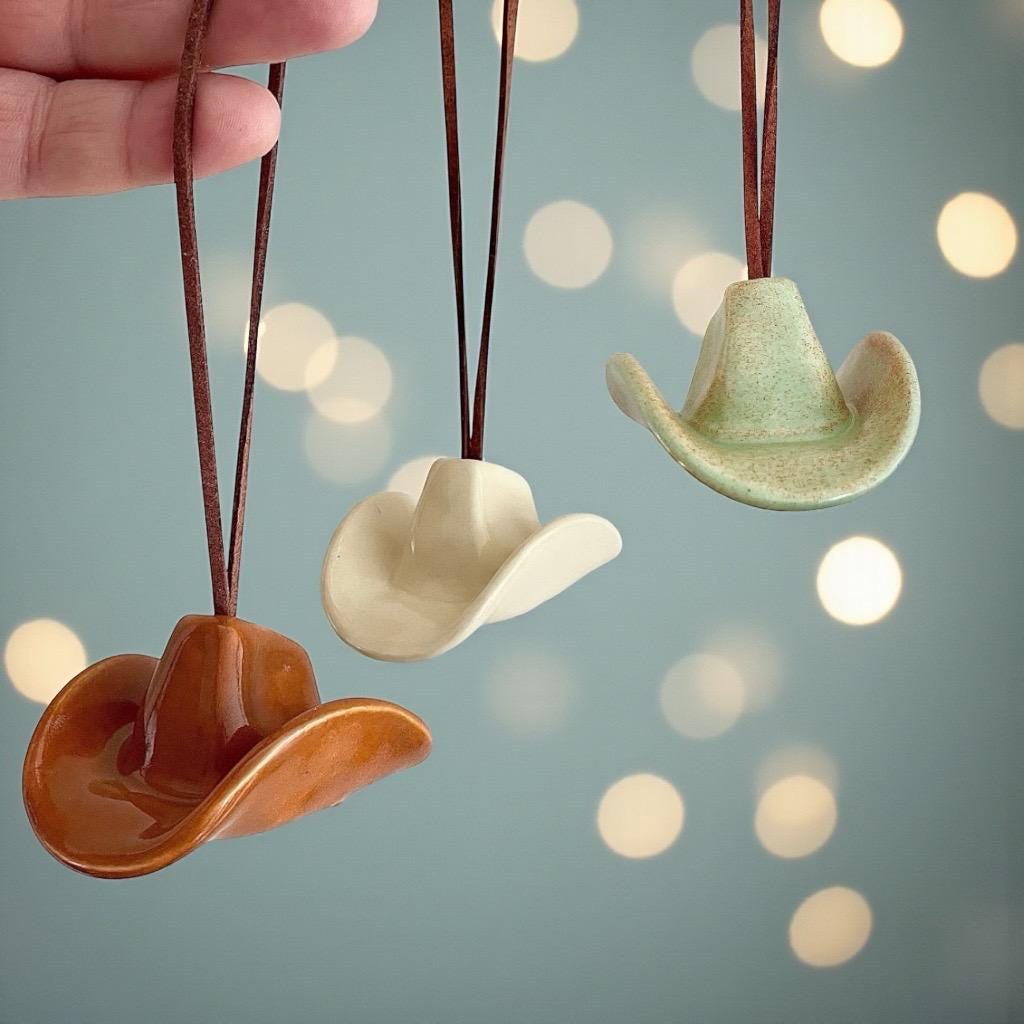 Small Ceramic Cowboy Hat Ornament with Vegan Leather Cord - Clear Parchment Glaze