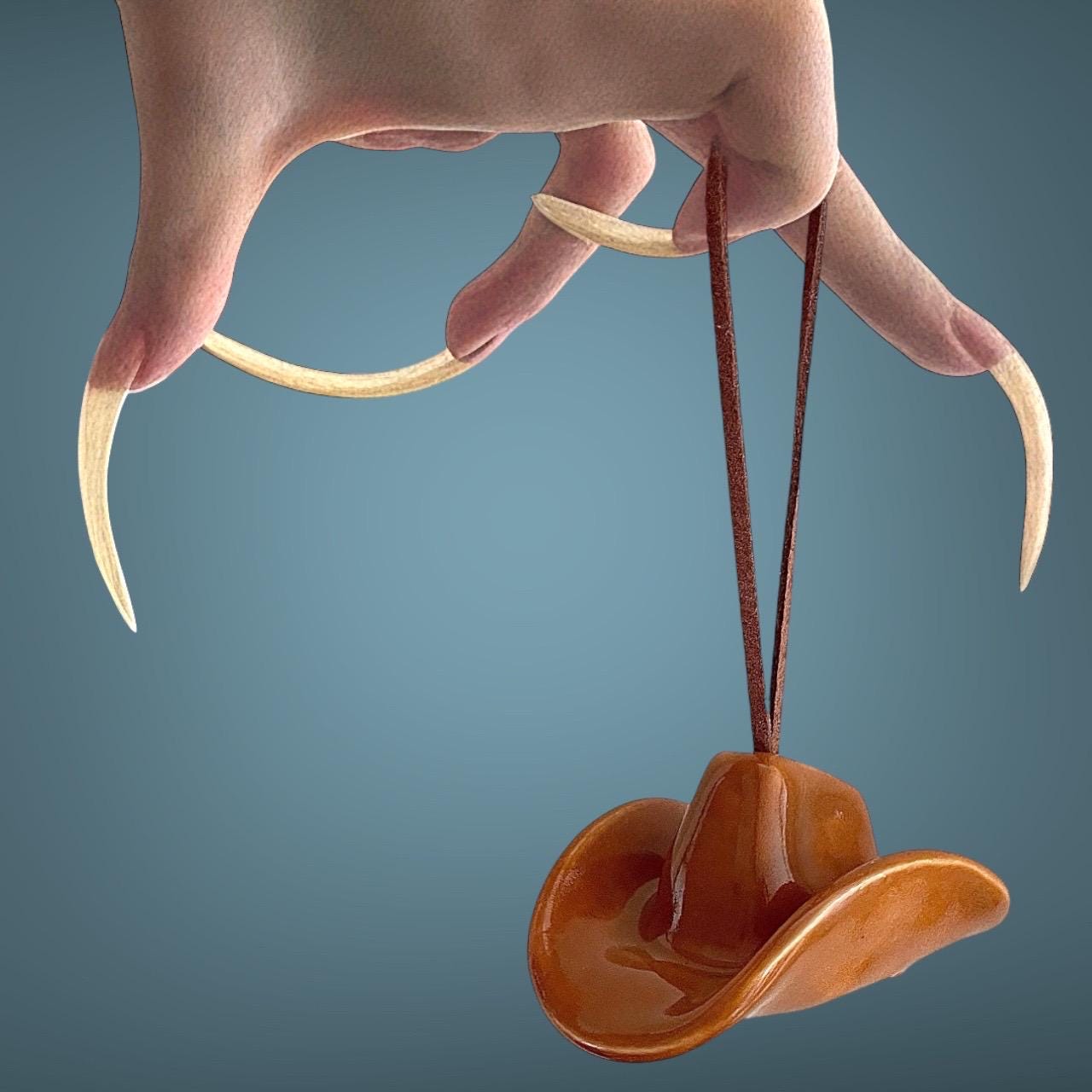 Small Ceramic Cowboy Hat Ornament with Vegan Leather Cord - Saddle Brown Glaze