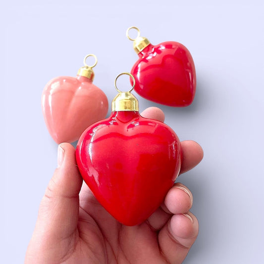 Ceramic Puffy Valentine Heart Bag Charm Hanging Ornament Keychain - Bright Red Glaze