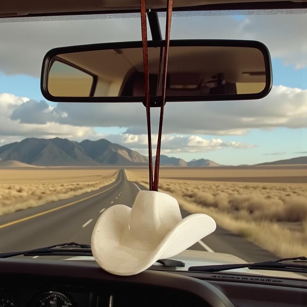 Small Ceramic Cowboy Hat Ornament with Vegan Leather Cord - Clear Parchment Glaze
