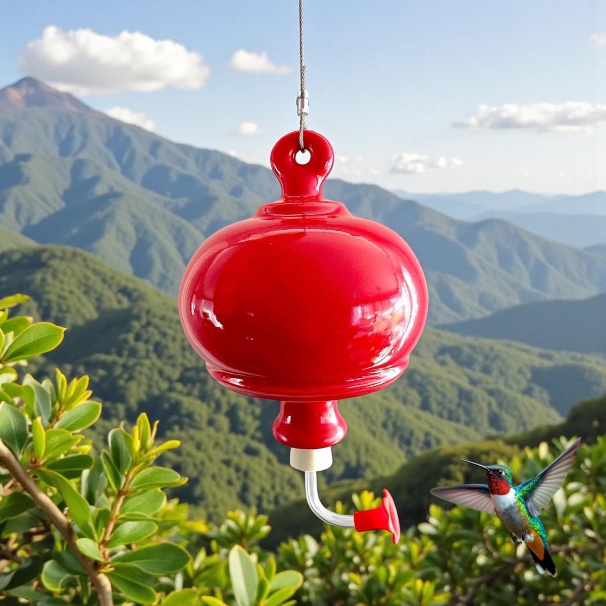 Red Glazed Ceramic Hummingbird Feeder – Stoneware Garden Art, 3 Cup
