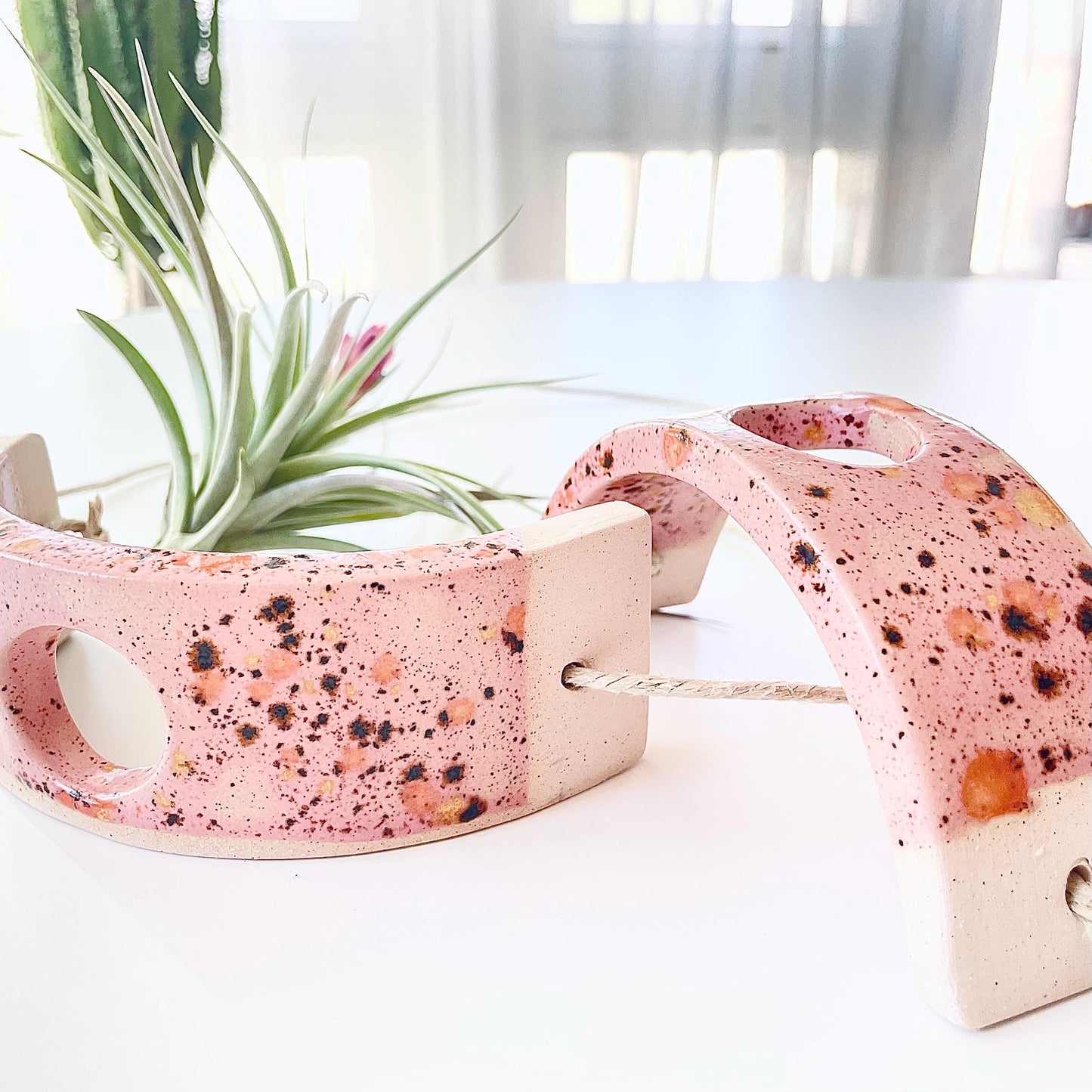 Small Pink Amaryllis Ceramic Air Plant Cradle: Hanging Planter Vase